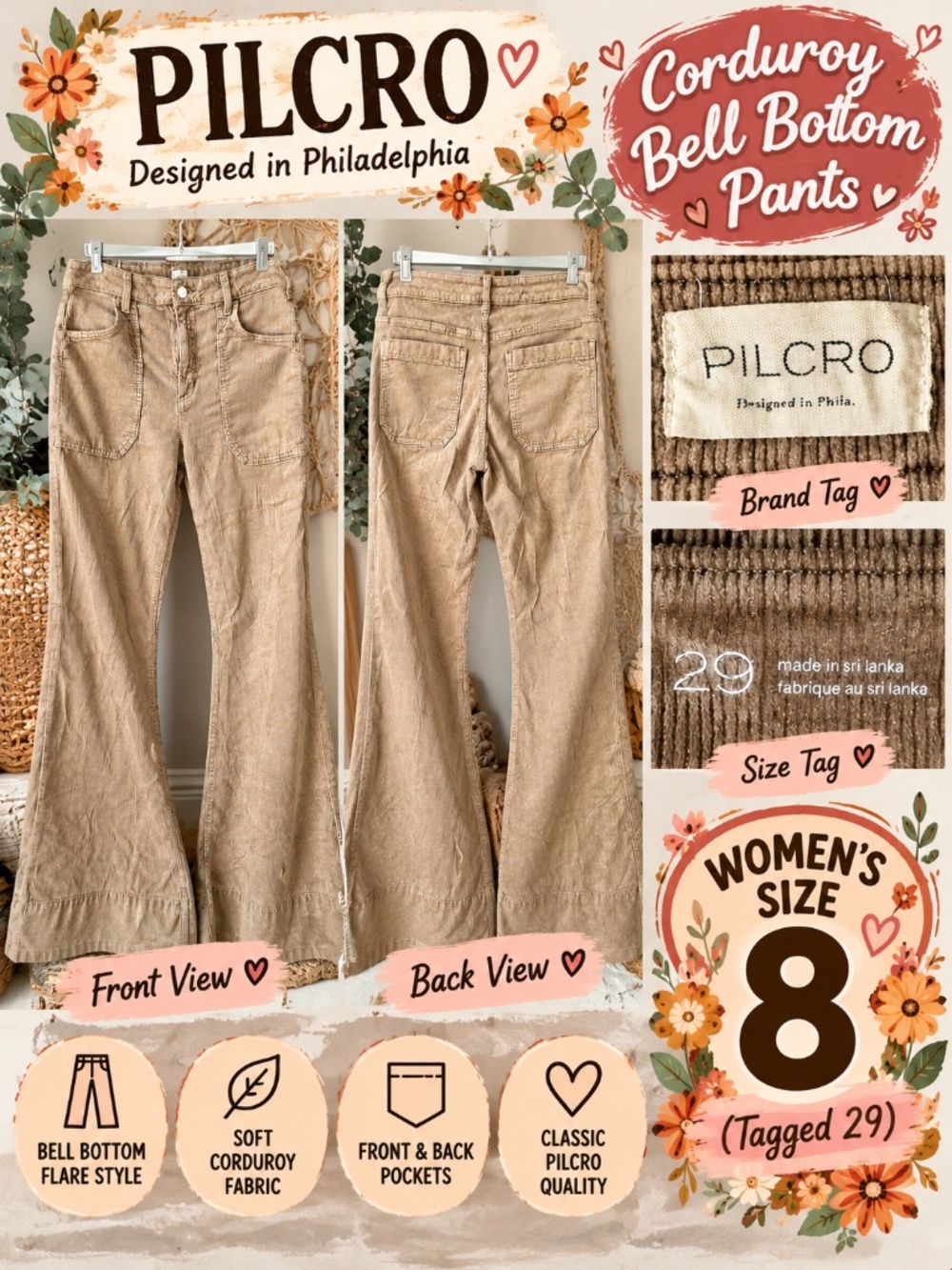 Pilcro Corduroy Bell Bottom Flare Pants Women’s 29 / Size 8 Tan Boho